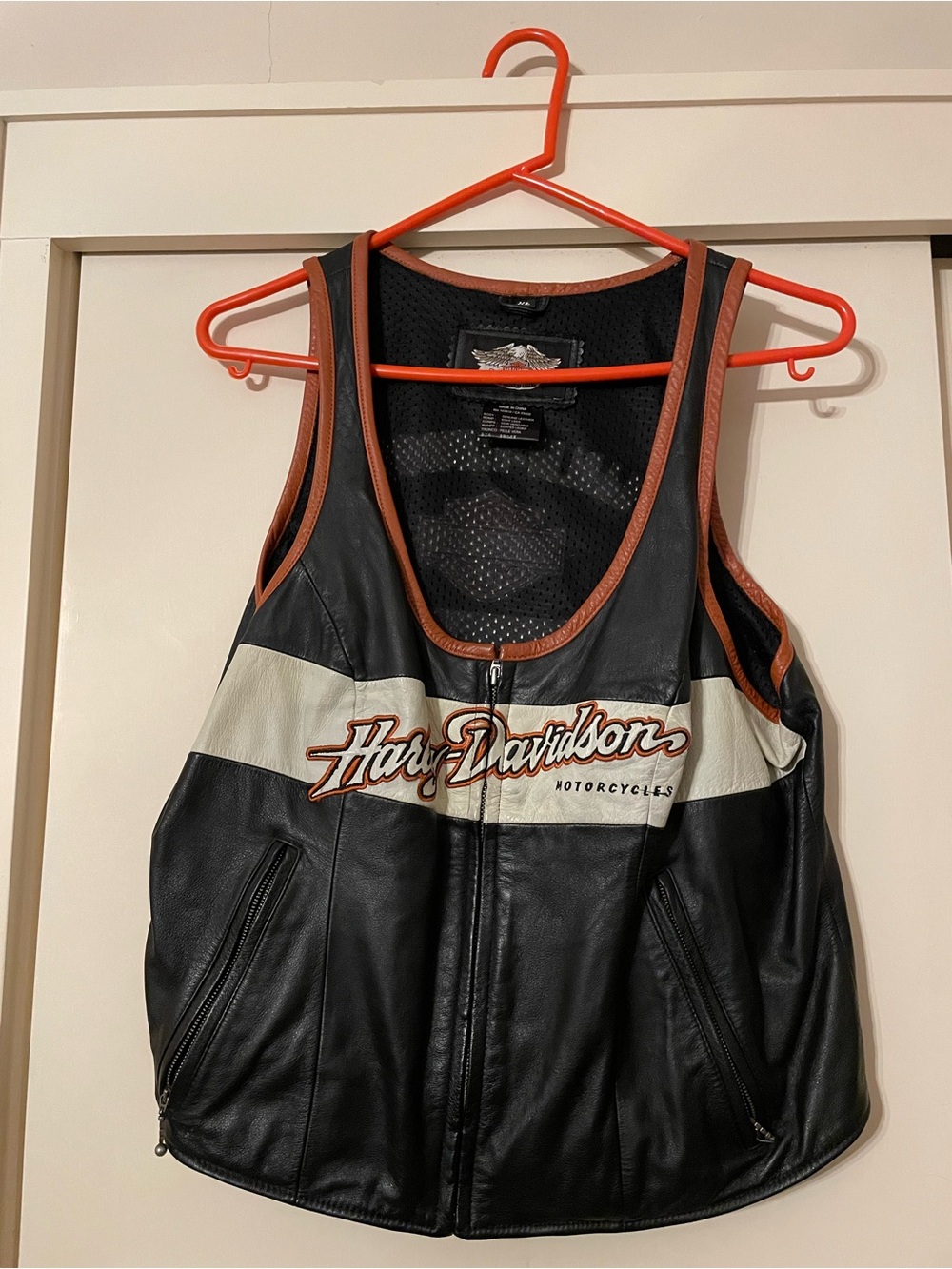 Harley-Davidson Black Leather Vest with White Stripe and Orange Trim